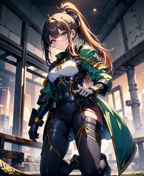 highest quality，T Masterpiece，final solution，Fluffy，非常にcolorful，colorful，female combatant，（kneeling pose）（pointing at your ass）mature woman，dark blue high knot ponytail、tight combat uniform，tight suit，steel city background，night，normal posture，normal postu...