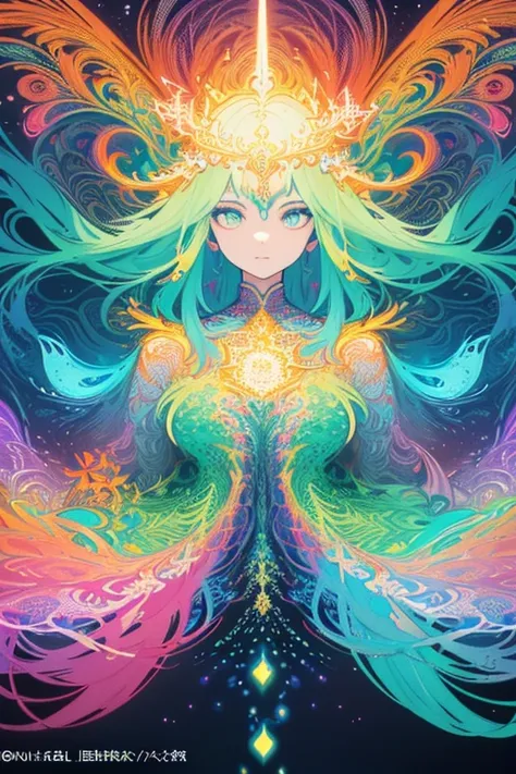 (masterpiece, best quality:1.2),(concept art、fractal art:1.5) ,(flat color:1.2),(2D:1.3),(fluorescence colour:1.5,colorful:1.2),fluorescence multicolored hair、looking at viewer,1Goddess,beautiful face,Gentle face,solo,upper body,floating colorful fluoresce...