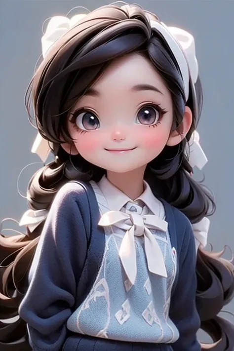 masterpiece, best quality, a cute chibi loli schoolgirl smiling, ((brunette), black hair, blue sweater, white hairbow, school uniform