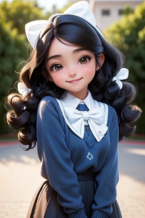 masterpiece, best quality, a cute mexican schoolgirl smiling, ((brunette), black curly hair, blue sweater, white hairbow, school uniform