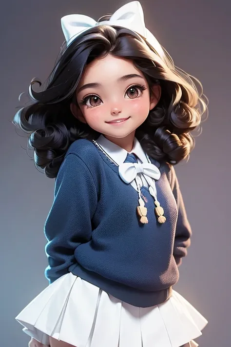 masterpiece, best quality, a cute mexican schoolgirl smiling, ((brunette), black curly hair, blue sweater, white hairbow, school uniform