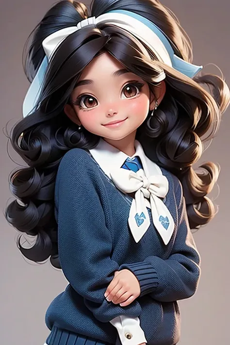 masterpiece, best quality, a cute mexican girl smiling, ((brunette), black curly hair, blue sweater, white hairbow, school uniform