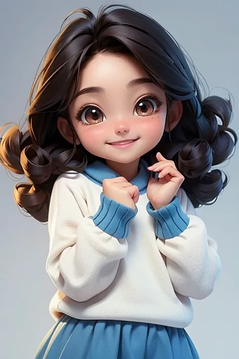 masterpiece, best quality, a cute loli mexican girl smiling, ((brunette)), curly hair, blue uniform sweater, white shirt