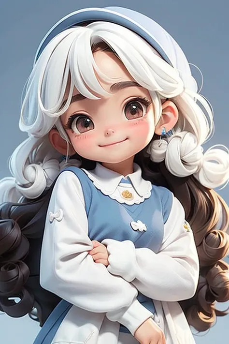 masterpiece, best quality, a cute loli mexican girl smiling, ((brunette)), curly hair, (blue) uniform sweater, white shirt, white hair bow