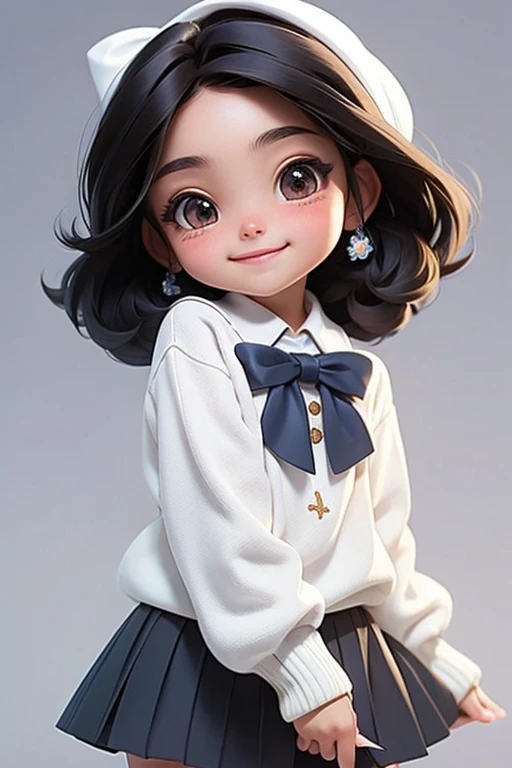 masterpiece, best quality, a cute loli mexican girl smiling, ((brunette)), black hair, (blue) uniform sweater, white shirt, white hair bow