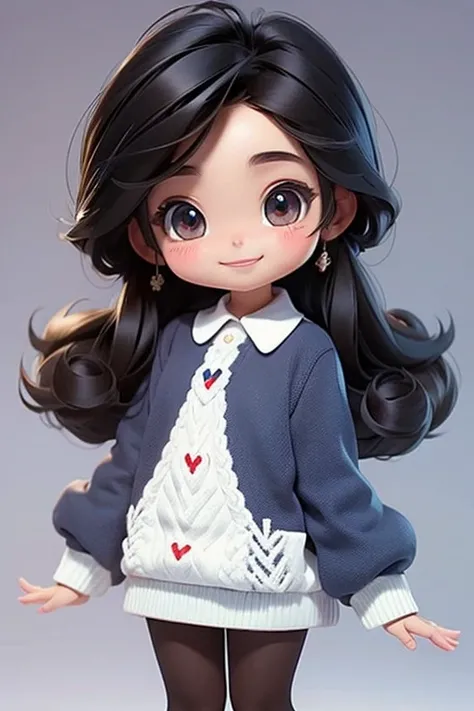 masterpiece, best quality, a cute chibi loli mexican girl smiling, ((brunette)), black hair, (blue uniform sweater), white shirt, white hair accesory