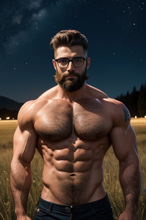 A handsome muscular man with no shirt on stands in a meadow at night. He has tattoos, a well-groomed beard and short hair. He is wearing glasses.