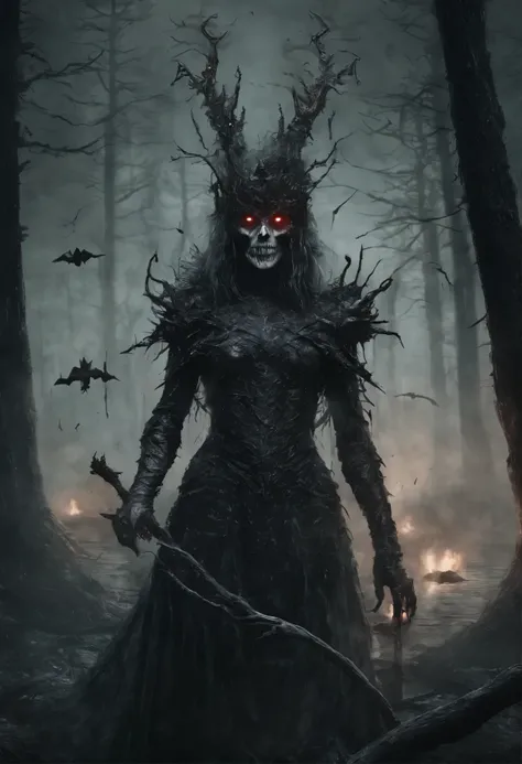 a lich-queen with red eyes walks through a swampy forest, holding a long stick with a green flame burning at the top, night, moon, bats, (Best Quality, 16K, Masterpiece, UHD:1.3, Huge detail, hyper realistic, epic scale, insane level of details)