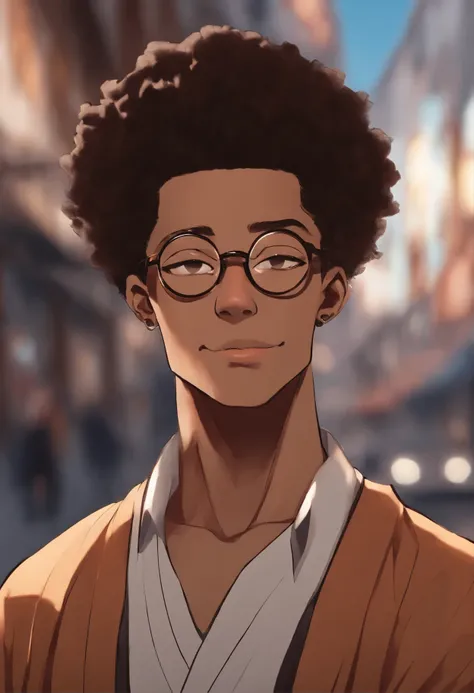 Jujutsu wizard wearing round glasses, com roupa branca, cabelo marrom e cachado, cabelo crespo marrom, cabelo curto escuro, cabelo afro curto, estilo anime, anime dash, Jujutsu Kaisen trait, yuji itadori, mappa studio