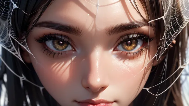 (best quality), (high detail), (1girl), (Close up), (headshot), (detailed spiders web),A close up of a beautiful woman looking through a spiders web, (web 1:1), (spiders), (Black an White), (arachnid),HDR, 4K, 3D.