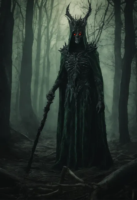 a lich-queen in crown with red glowing eyes walks through a swampy forest, holding a long massive staff, (((green magic flame burning in the tip of the staff))), night, moon, bats, (Best Quality, 16K, Masterpiece, UHD:1.3, Huge detail, hyper realistic, epi...