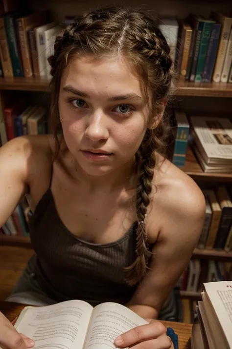 a 16year old girl with brunette braided hair, in a library, selfie, portrait, looks very scared. Lowcut tanktop. Shot from above 