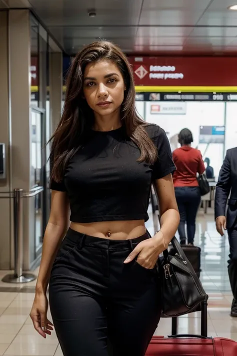 agora quero 5 imagens dela no aeroporto e com pessoas passando ao redor, a roupa dela deve ser preta e executiva, in pants, how is she a businesswoman, deve passar essa imagem 