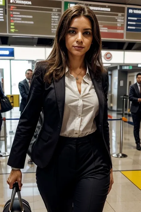 agora quero 5 imagens dela no aeroporto e com pessoas passando ao redor, a roupa dela deve ser preta e executiva, in pants, how is she a businesswoman, deve passar essa imagem 