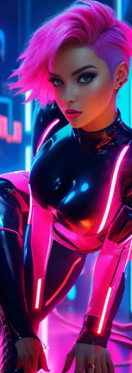 Qualidade do script de macro, ultra realista, High definition, sede, 4k, 8k, detalhes altos, Tiro de corpo inteiro, neon background, mulher jovem, ((decote enorme)), cabelo rosa curto, neon clothes, hand weapons, futurista, Science fiction, rosto perfeito,...