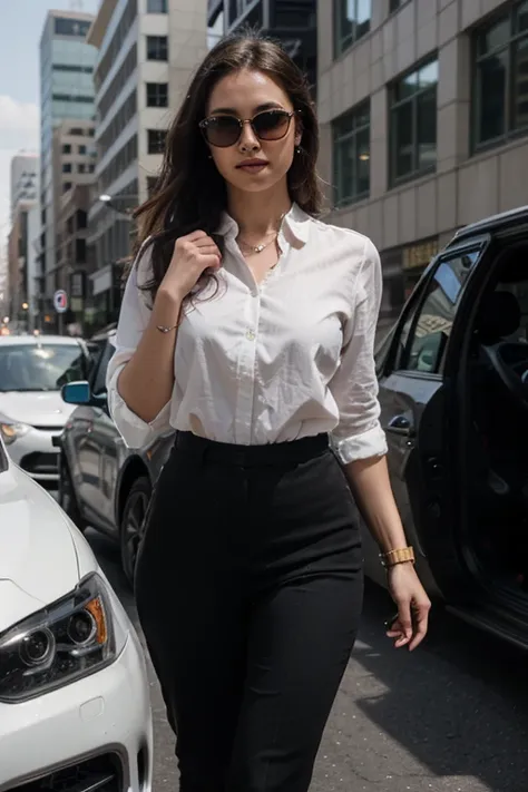 (ultra-detailed,highres:1.2),car driving scene,executive businesswoman,detailed black pants,professional attire,people passing by,urban background,high-end car,confident expression,modern cityscape,vibrant colors,sharp focus,luxury vehicle,sunlight illumin...