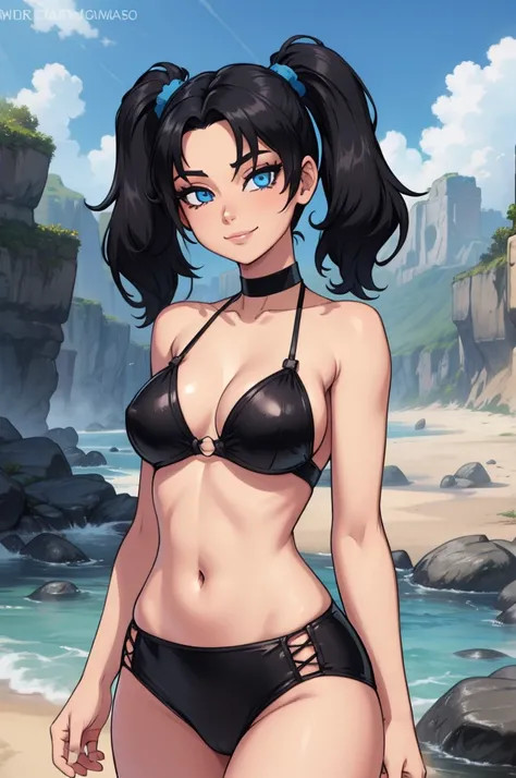 1 girl, (cowboy shot:1.3), (masterpiece:1.3), (best quality:1), standing, (solo), looking at viewer, highly detailed, smile, beautiful detailed face,intricate,realistic,bikini,beach,short black hair,pigtails,choker,blue eyes,fine eyes,