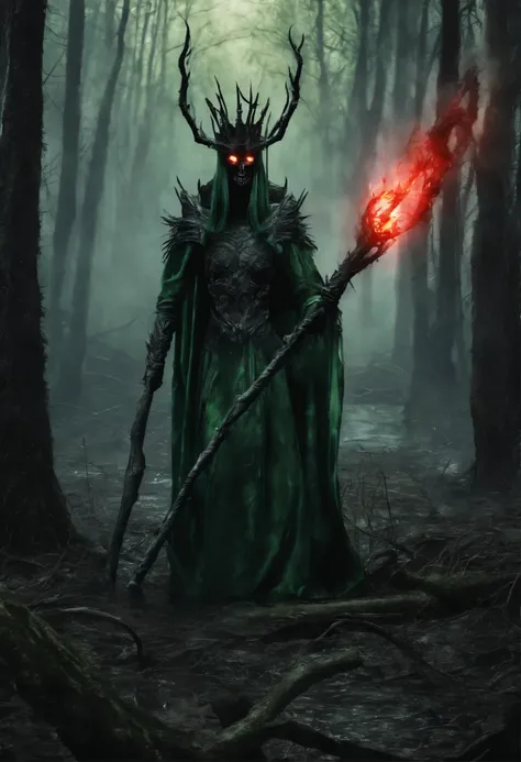 a lich-queen in crown with ((red glowing eyes)) walks through a swampy forest BREAK (holding a long massive staff with a green magic flame burning in the tip of the staff:1.5) BREAK night, moon, bats, (Best Quality, 16K, Masterpiece, UHD:1.3, Huge detail, ...