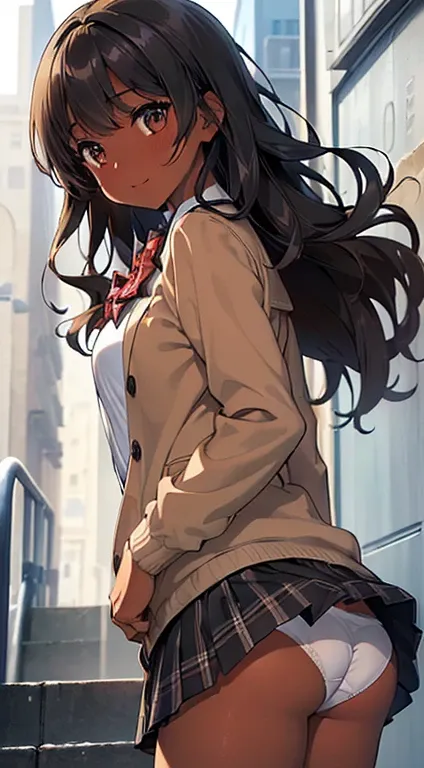 ((desktop, best quality, high quality, artwork, high resolution, nffsw, detailed,pixel perfect, perfect, detailed,absurd graphic, ultra 8K HD, nffsw, nffsw))), 1 dark-skinned woman, single, alone, beauty、full body seen 、 ((medium wavy hair, bangs, bright b...