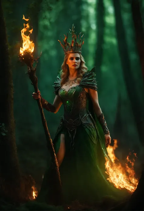 a lich-queen in crown with red glowing eyes walks through a swampy forest BREAK holding a long massive staff, ((green magic flame burning in the tip of the staff):1.5) BREAK night, moon, bats, (Best Quality, 16K, Masterpiece, UHD:1.3, Huge detail, hyper re...