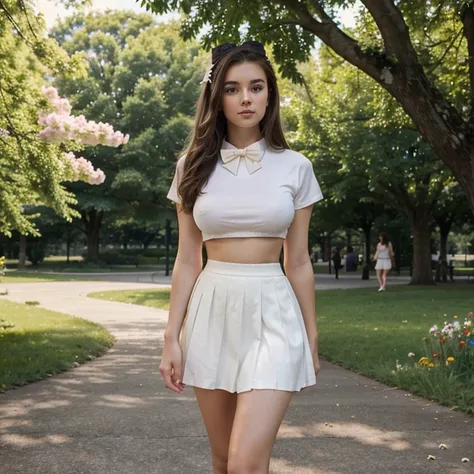 beautiful young girl with brown hair, 20 years old, delicate makeup, slim figure, large breasts, perfect figure, white T-shirt with a bow tie, black short skirt.  high-heeled shoes standing in a park full of flowers