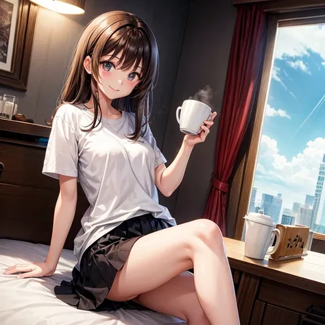 anime、beautiful girl、brown hair、black eyes shine、room、coffee、smile、thin legs