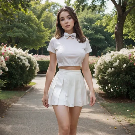 beautiful young girl with brown hair, 20 years old, delicate makeup, slim figure, large breasts, perfect figure, white T-shirt with a bow tie, black short skirt.  high-heeled shoes standing in a park full of flowers