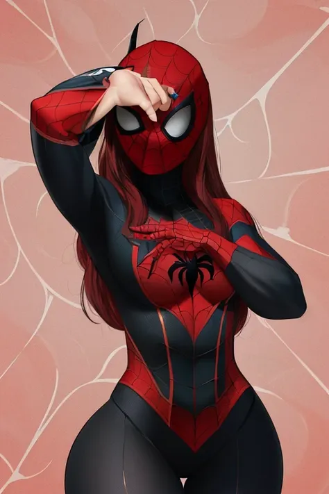 (obra de arte), (melhor qualidade), high resolution, Kei1, 1 garota, Sozinho, olhos azuis, Cabelo longo, (((wears a detailed black female Spider-Man costume with a mask just covering her eyes)))), fita em forma de teia de aranha, franja, Cabelo longo and p...