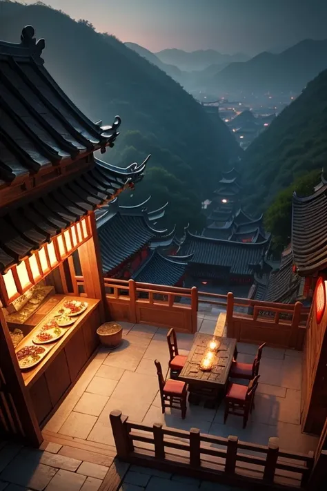 ancient china stone building restaurant or tavern with a deck birds eye view multiple stories