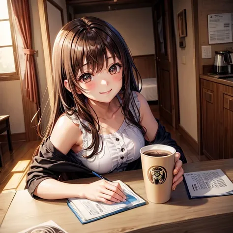 anime、beautiful girl、brown hair、black eyes shine、room、coffee、smile