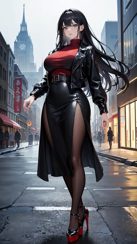 ((masterpiece, high resolution, best quality, best details, anime)), a mature woman standing on the street, black leather jacket, (open jacket), black stocking, pumps platform high heels, ((long skirt)), black skirt, ((red blouse)), long hair, black hair, ...