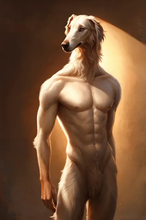 solo,furry,anthro,Borzoi male,e621,standing,naked,muscular body,front view,hands behind back,plain background,by bebebebebe,(best quality:1.2),ultra-detailed,(realistic:1.37),portraits,vivid colors,warm color tone,soft lighting