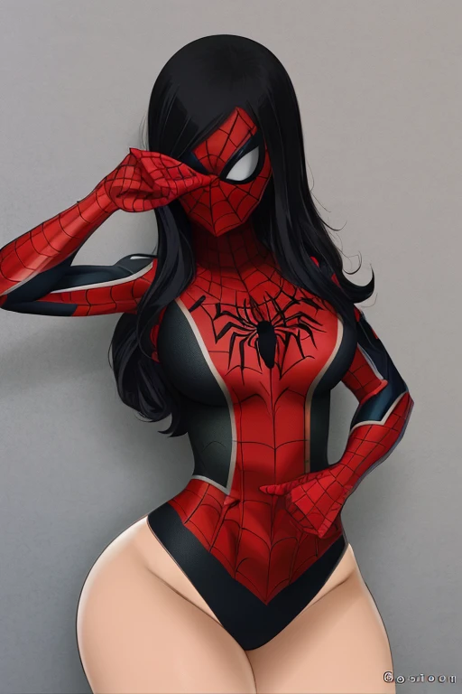 (obra de arte), (melhor qualidade), high resolution, Kei1, 1 garota, Sozinho, olhos azuis, Cabelo longo, (((wears a detailed black female Spider-Man costume with mask)))), fita em forma de teia de aranha, franja, Cabelo longo and price, clavicle, cabelo gr...