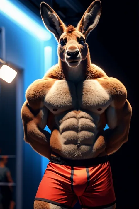 solo,furry,anthro,kangaroo,male,E621,standing,wearing boxer shorts,muscular body,front view,hands behind back,simple image background,by cjfurs,medium:realistic,highres,ultra-detailed,professional,vivid colors,bokeh,studio lighting