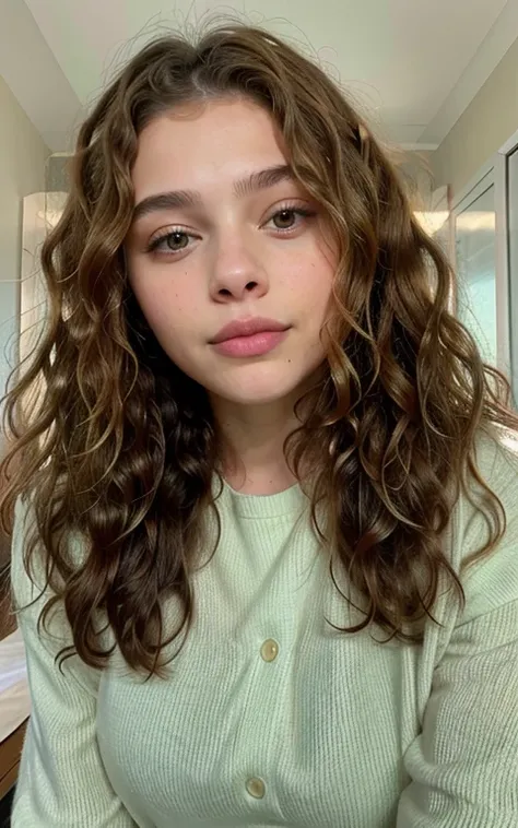 portrait sophie mudd, no makeup wavy hair, curly middle part haircut, curly haired, her face framed with curls, curly, 19-year-old girl, chloë grace moretz, curls on top, italian looking emma, chloe grace moretz, taken in the early 2020s , green eyes