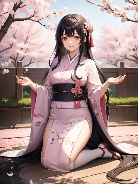 A girl with long black hair in a blooming sakura garden, wearing a traditional kimono, holding a fan gracefully, with a radiant smile on her face. Her eyes are beautifully detailed and expressive. The sakura petals are falling gently around her, creating a...