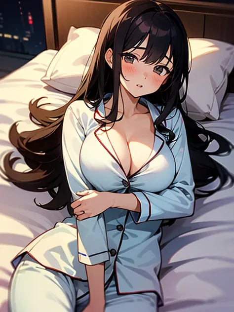 1girl, solo, dark hair, long hair, bedroom bed in background, pajamas, white pajamas, lying on back, (large breasts), cute, gravure pose, shy, blush, parted lips, night,
