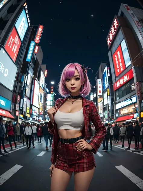 gorgeous kogal, heavy make up, slutty outfit, nighttime, standing in tokyo, bokeh, fisheye photography