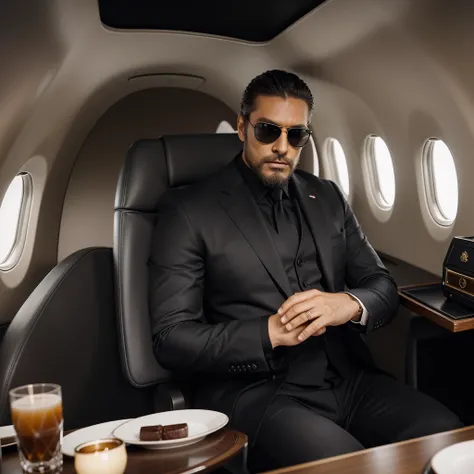 Create an image of a stylish man with a beard and slicked-back hair, wearing sunglasses and a modern, tailored grey suit. Hes seated confidently at a luxurious table inside a private jet. The table is set with high-end items such as a crystal glass, a desi...