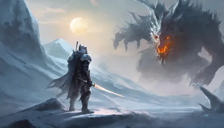 A knight holding his  sword, looking at the huge scary monster he’s about to to fight, in a face off, in the ice, high detail, the sun is in eclipse, high quality, 8k, the monster is in half of the screen, the knight is in the other half, standing opposite...