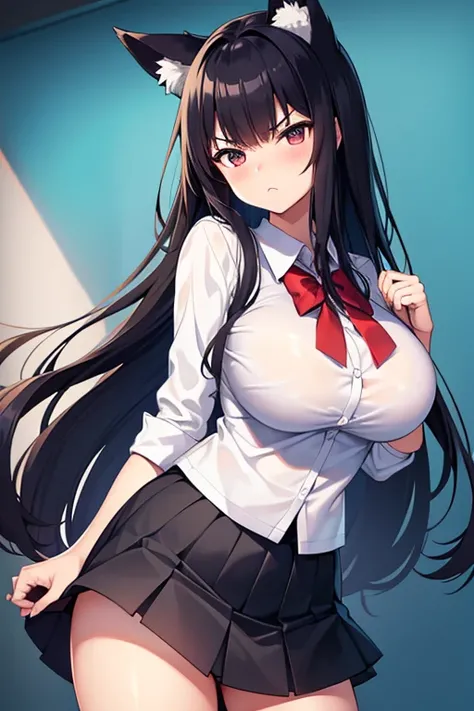 fox ears　big breasts　grumpy face　black hair　high school girl　uniform　Lift up the hem of your skirt and show your underwear