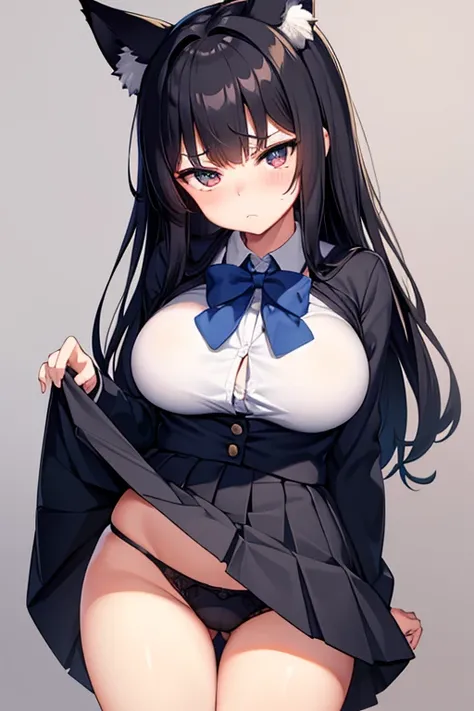 fox ears　big breasts　grumpy face　black hair　high school girl　uniform　Lift up the hem of your skirt and show your underwear