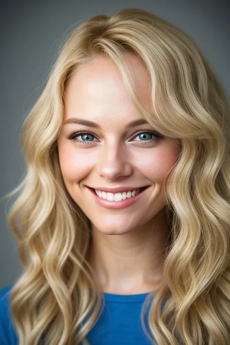 Beautiful lady with a smile on her face, podcast performer, blonde wavy hair, ultra-realistic,