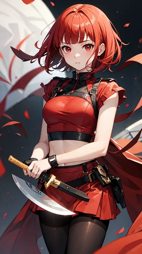 Masterpiece, super quality, 1 anime girl, short hair, red hair, blunt bangs, red eyes, wearing red crop top, holding a knife, assasin, pantyhose