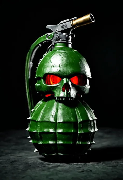 fantasy, realistic, detailed, sharp, ultra hd, (( green-realistic-hand-grenade)). black background, fire skull with big red cobra in the background