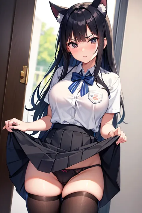 dog ears　big breasts　grumpy face　black hair　high school girl　uniform　Lift up the hem of your skirt and show your underwear　student council president