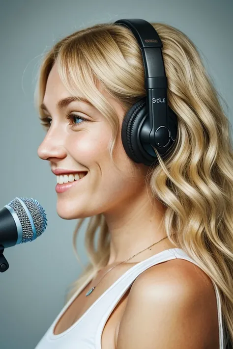 Ultra-realistic beautiful lady with a smile on her face, podcast artist, blonde wavy hair, speaking into microphone, right profile