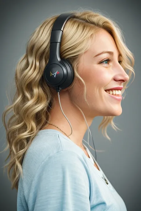 Ultra-realistic sexy lady with a smile on her face, podcast artist, blonde wavy hair, speaking into microphone, right profile potrait