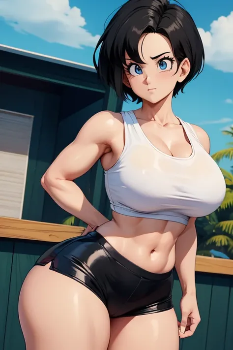 mulher baseada no personagem videl, posando sozinha corpo todo, wears a low-cut white tank top and latex shorts, cabelo preto, lean chest, peitos grandes redondos empinados, cintura fina, quadril largo, bunda grande e redonda, coxas bem grossas.
