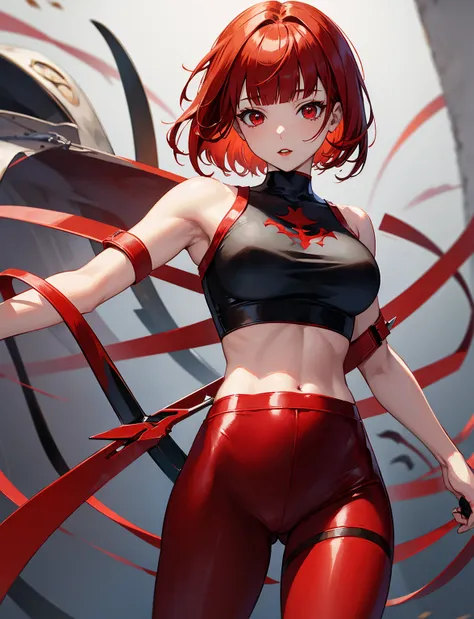 Masterpiece, super quality, 1 anime girl, short hair, red hair, blunt bangs, red eyes, wearing red crop top, holding a knife, assasin, pantyhose, red lips